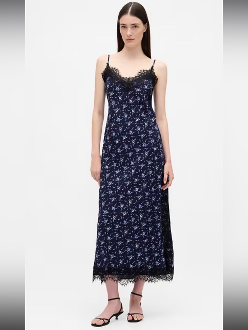 GAP Navy white Floral Lace-Trim maxi Slip Dress XS cottagecore fairy vacation